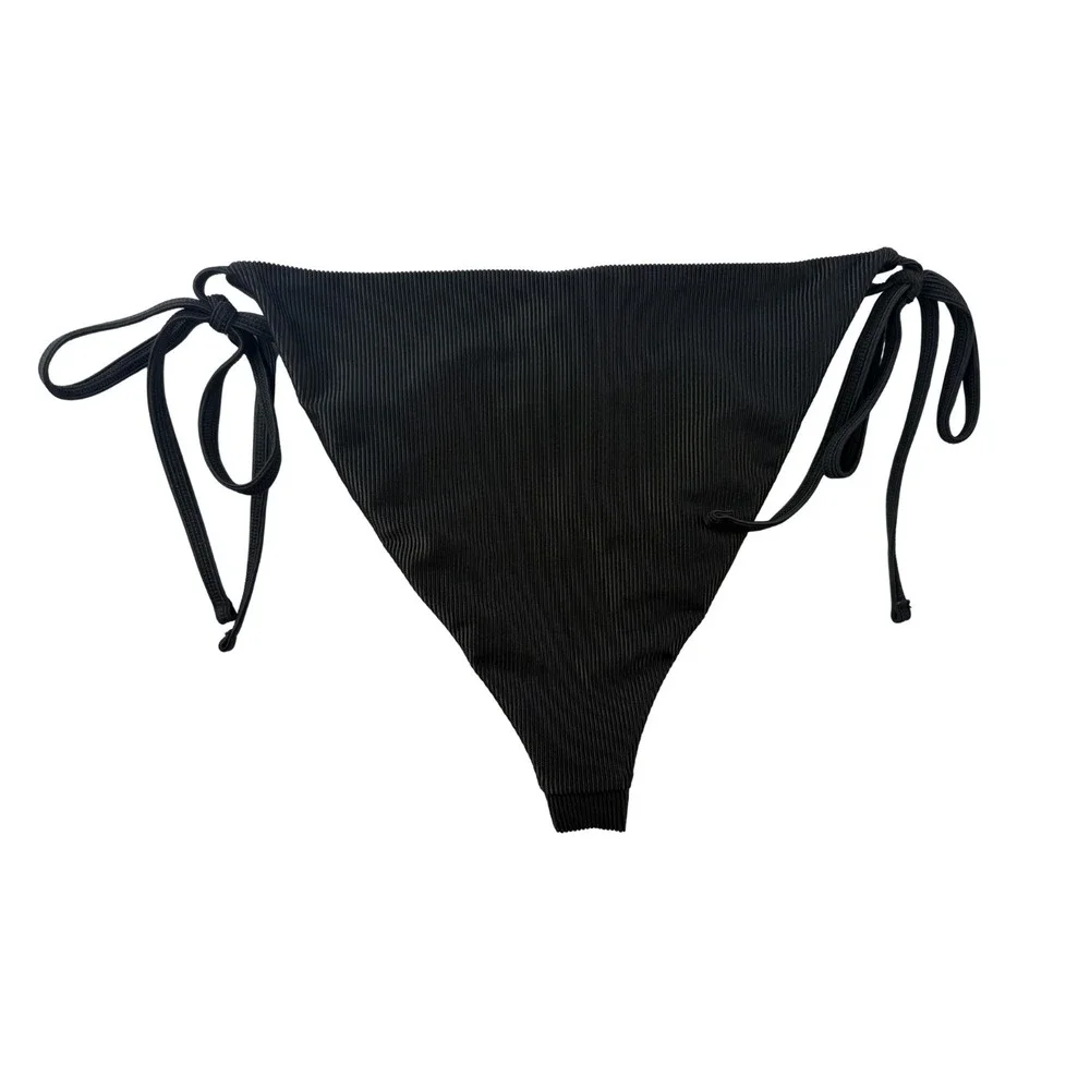 NWT Dobreva Black Ribbed Triangle Bikini Set Women's M‎ 8-10 Tie Side Swim